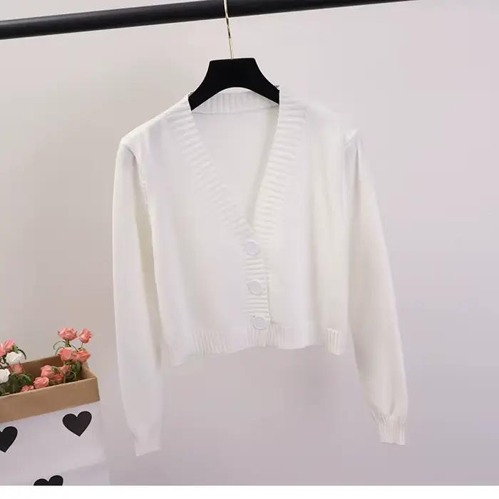 Cardigan court à col en V pour femmes, noir, blanc, simple boutonnage, GD153