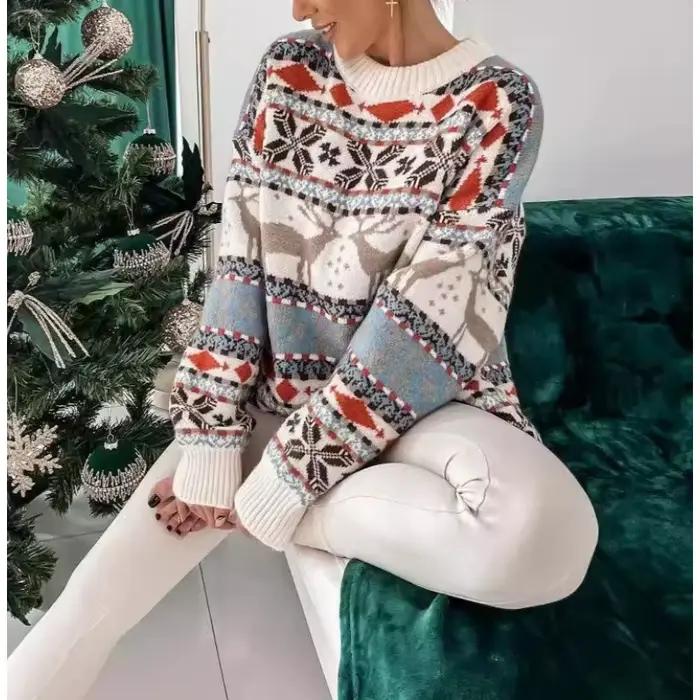 2025 pull tricoté col rond ample thème de noël Jacquard à manches longues