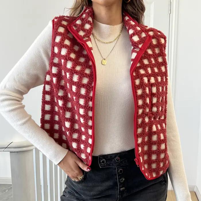 Hirigin Gilet polaire pour femme à carreaux sans manches avec fermeture éclair et cardigan chaud avec poche poitrine