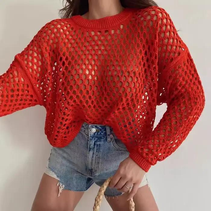 Pull ample à manches évasées et col rond pour femme, tricot ajouré
