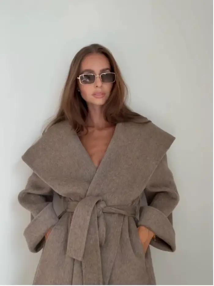 Élégant grand col Long manteau femmes rétro Chic lâche châle Tweed manteaux avec ceinture femme 2025 hiver décontracté rue vêtements d'extérieur