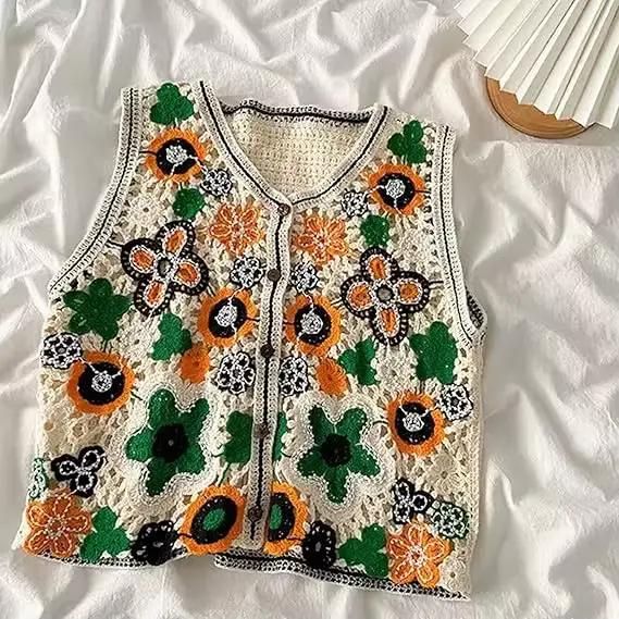 Gilet en Crochet à fleurs perlées pour femmes