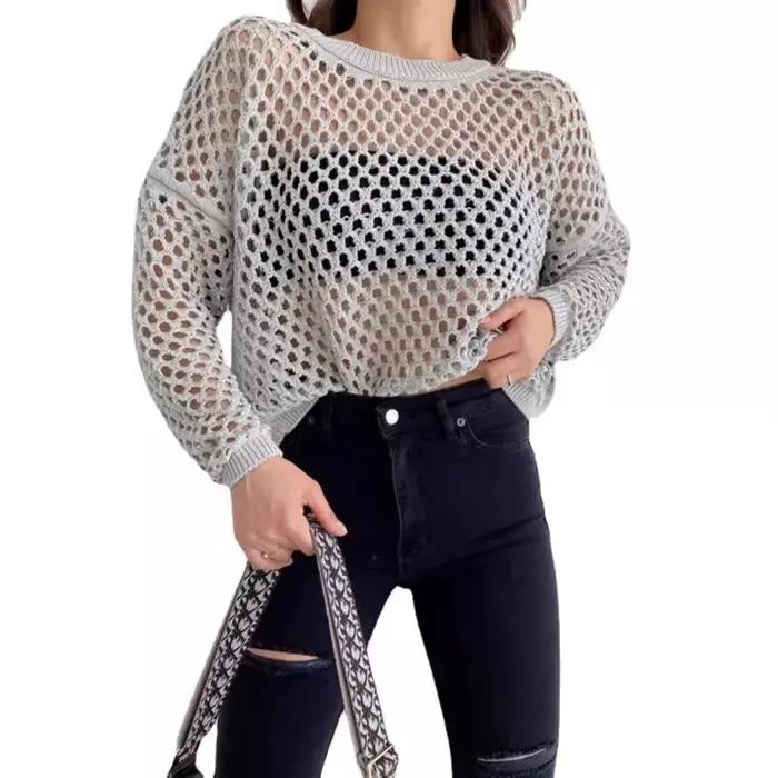Pull ample à manches évasées et col rond pour femme, tricot ajouré