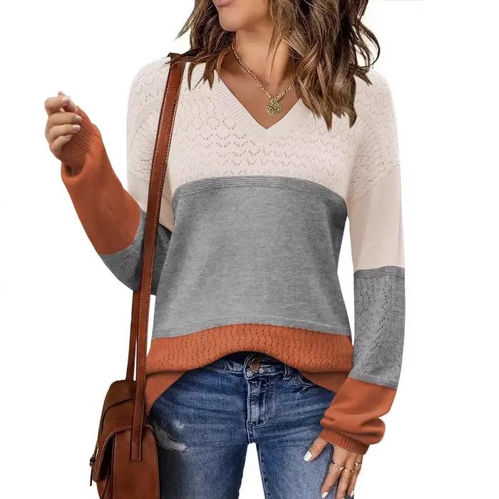 Pull ajouré à col en v pour femmes