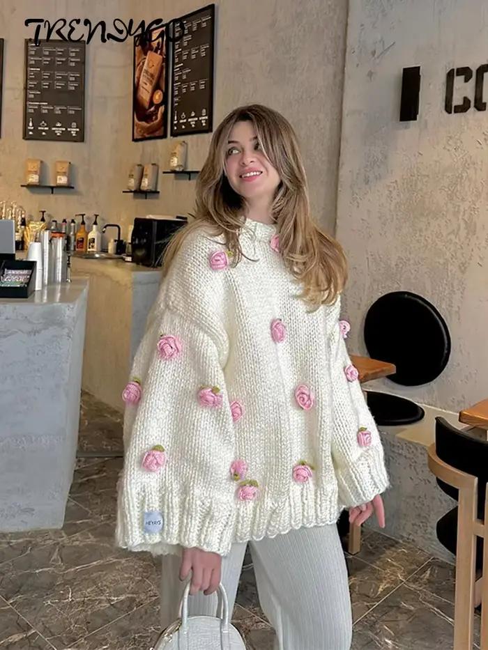 Pull tricoté surdimensionné à fleurs 3D pour femmes
