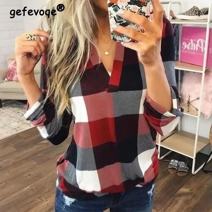 Printemps automne Vintage classique imprimé à carreaux col en v à manches longues pull décontracté chemise élégante mode chemisier ample vêtements féminins