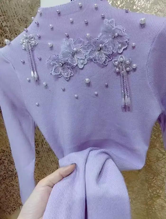 Pull en tricot pour femme avec perles