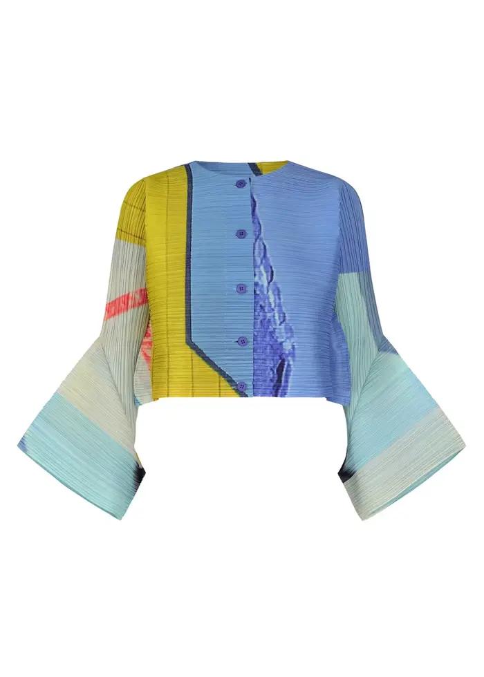 Cardigan plissé imprimé Miyake, chemise à manches évasées boutonnée, hauts