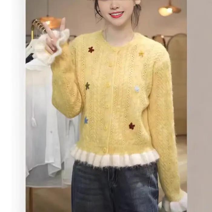 Pull en polyester tricoté à la main avec volutes de fleurs pour filles style décontracté automne hiver