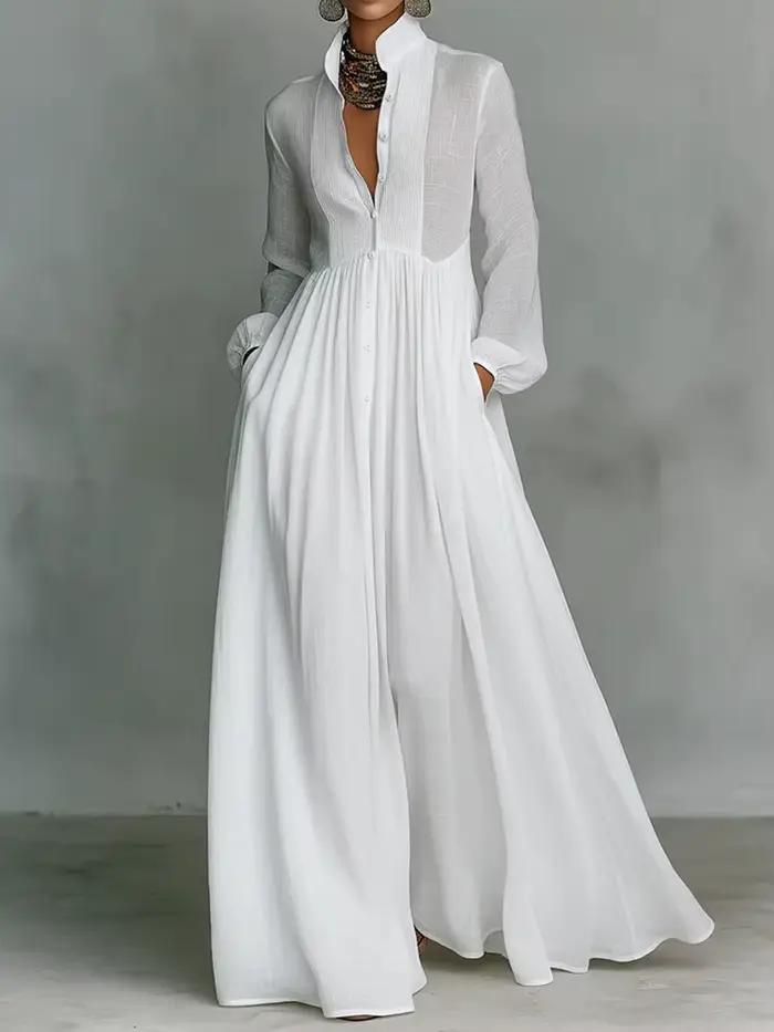 Robe de soirée élégante à col montant et manches longues, Nouvelles robes décontractées unies pour femmes Printemps 2026, Robes à poches pour femmes à simple boutonnage