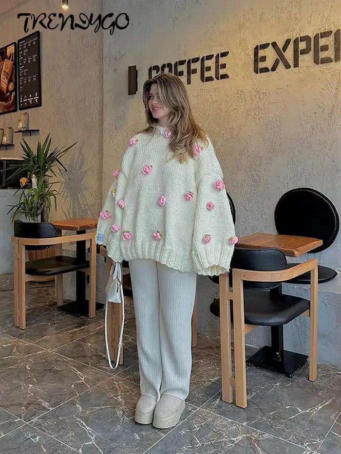 Pull tricoté surdimensionné à fleurs 3D pour femmes