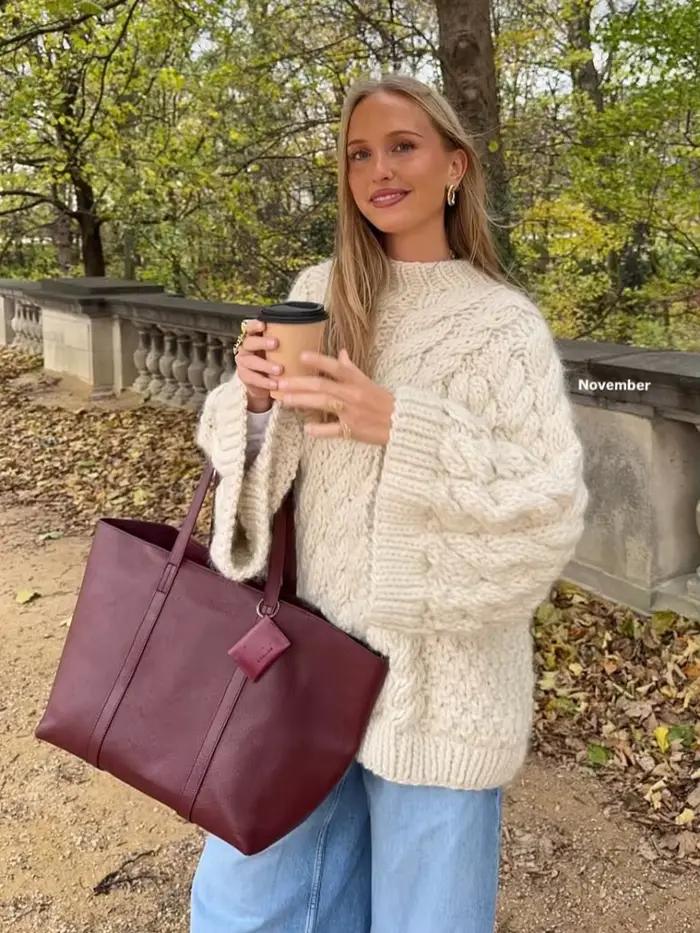 Tricoté torsadé à manches longues surdimensionné pull femmes décontracté col rond