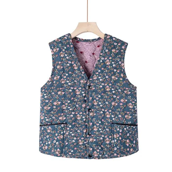 Gilet en polyester tricoté à fleurs pour femmes, coton chaud, col en V, boutons et poches, pour automne et hiver