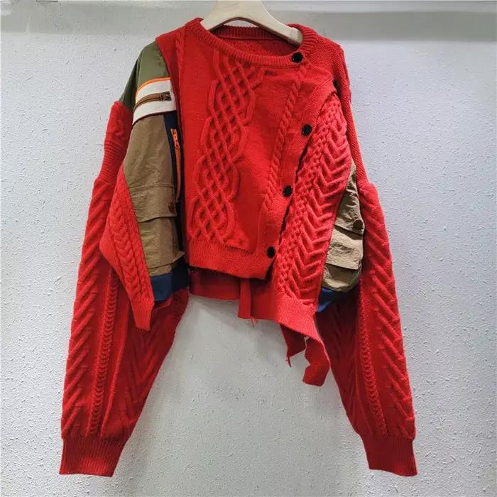 KUCLUT 2025 automne nouvelle mode Patchwork pull pour femmes ample simple boutonnage conception mi-longue tricoté hauts femme 1A527