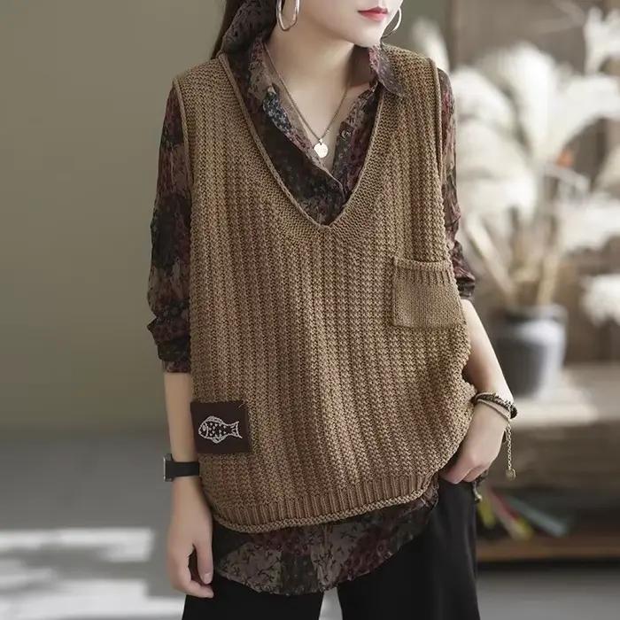 Pull Vintage à Col en V pour Femme