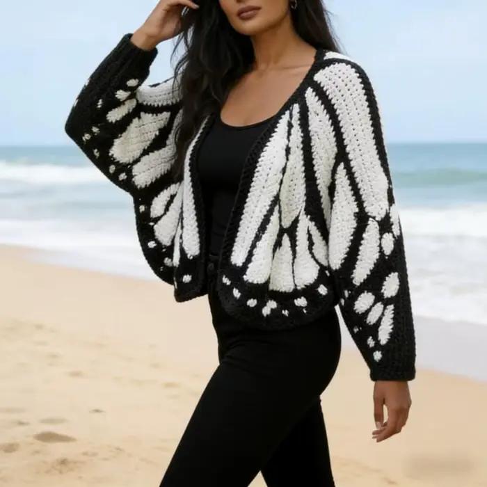 Cardigan en tricot crocheté motif papillon Monarch avec design d'ailes