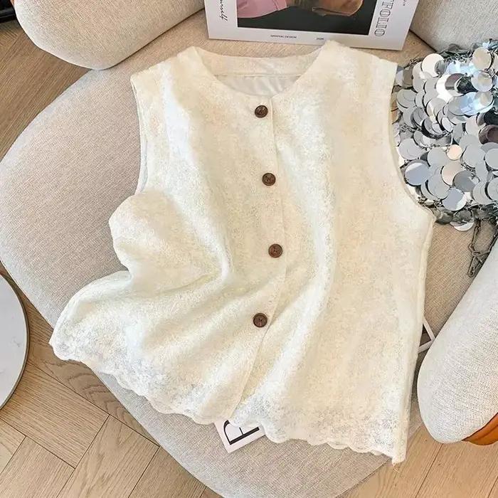 Veste gilet femme 2025 printemps automne Jacquard col rond dame vêtements d'extérieur dentelle simple boutonnage