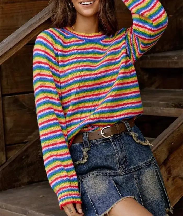 Pull rayé arc-en-ciel, haut tricoté rétro