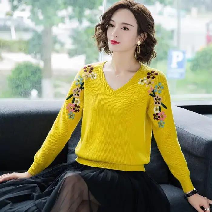 Col en v broderie tricoté pulls femmes mode automne élastique chandails grande taille tricots de style décontracté hauts Femme chemise de fond