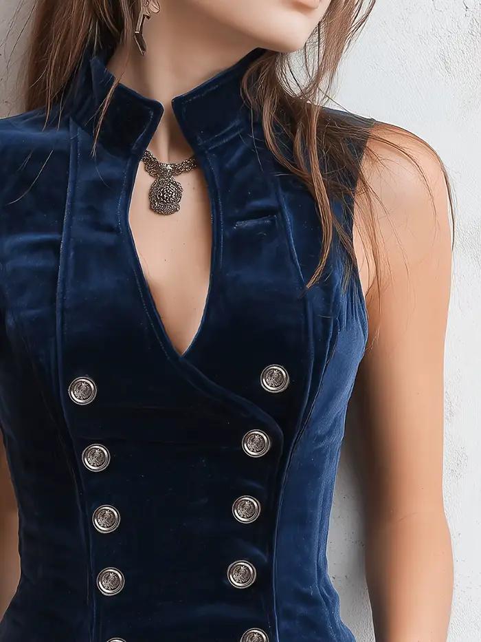 Gilet boutonné à col montant rétro pour femme, vêtement élégant et classique
