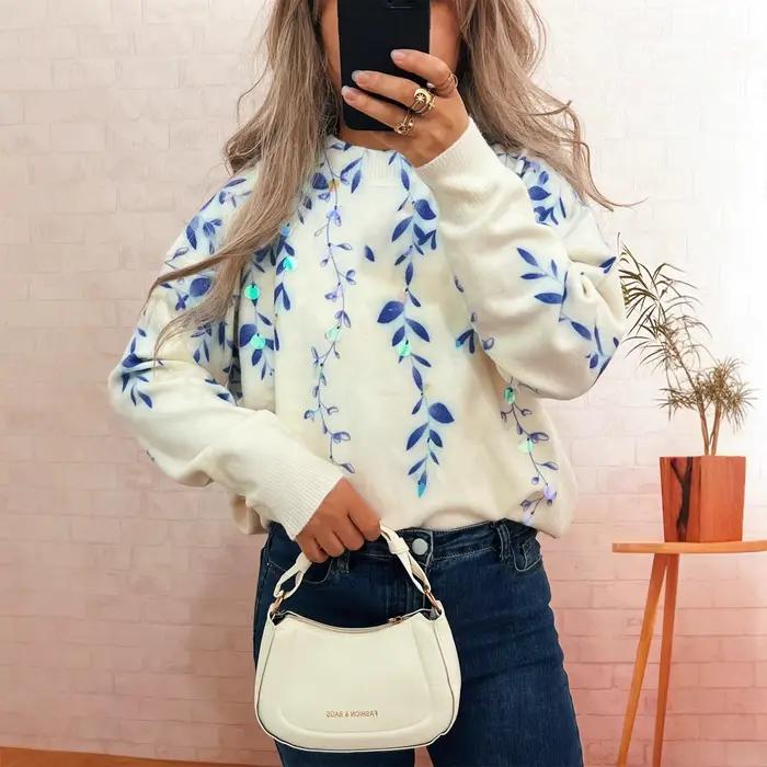 Nouveau pull décontracté à paillettes à fleurs