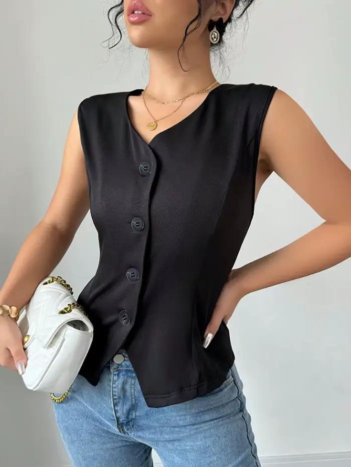Gilet pour femme en polyester noir, col en V, boutons discrets, coupe ajustée et ourlet asymétrique pour bureau et occasions spéciales printemps-été