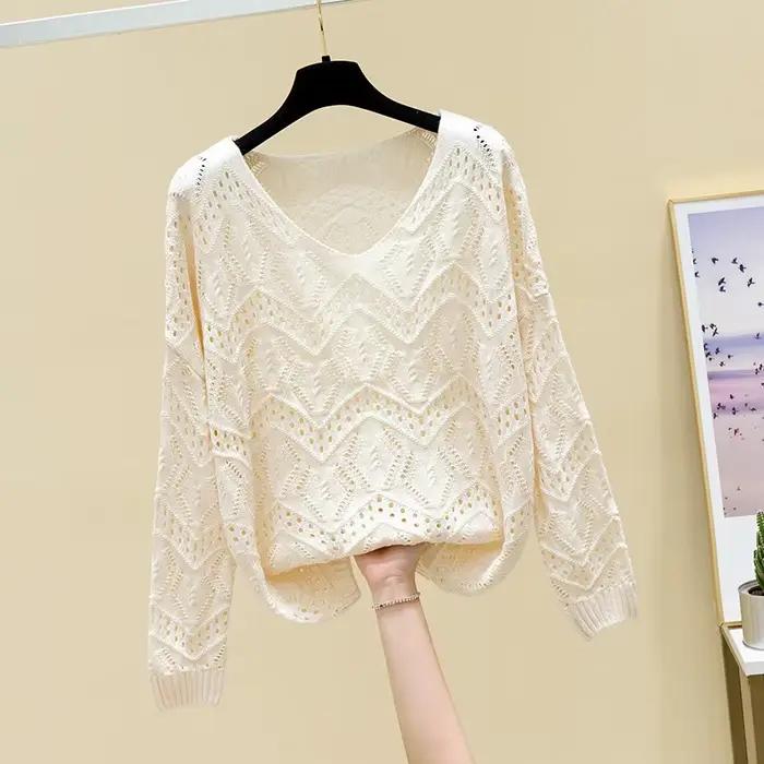Pointelle haut en tricot à manches longues recadrée pull uni femmes