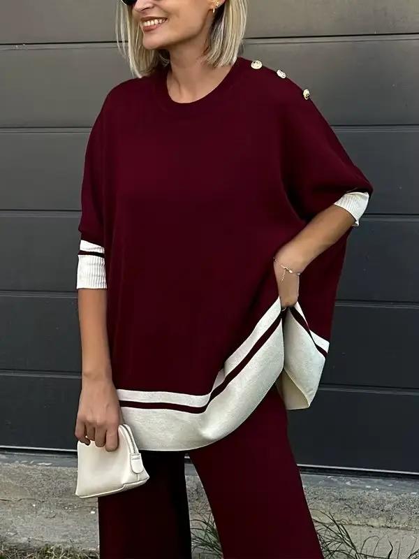 Modigirl femmes bordeaux surdimensionné chauve-souris haut en tricot contraste garniture bouton détail pull rétro décontracté paresseux Chic usage quotidien