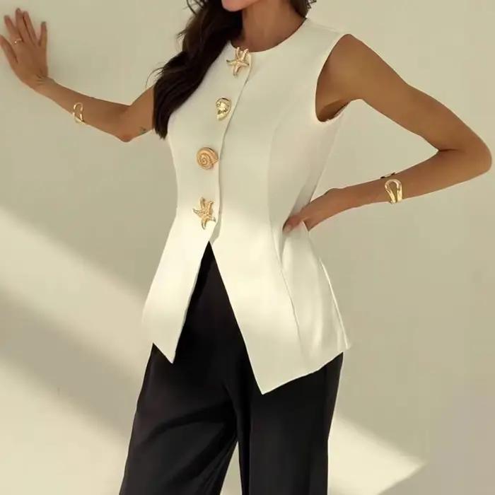 KUCLUT 2025 nouvelle mode col en v simple boutonnage gilet pour les femmes élégant polyvalent taille fendue conception débardeurs femme 1A674