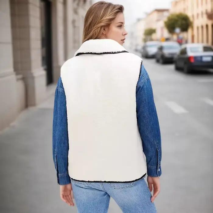 2025 automne et hiver nouvelle laine d'agneau couleur bloquée revers avec bord conception pour les femmes portant des gilets