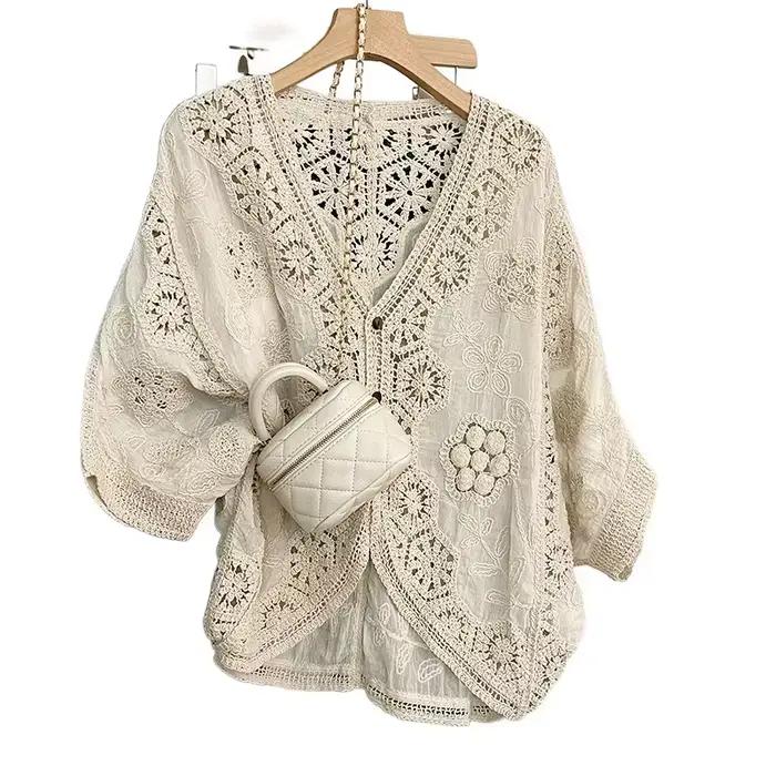 Cardigan en crochet bohème - Couverture en dentelle florale et géométrique romantique pour les vacances et le quotidien