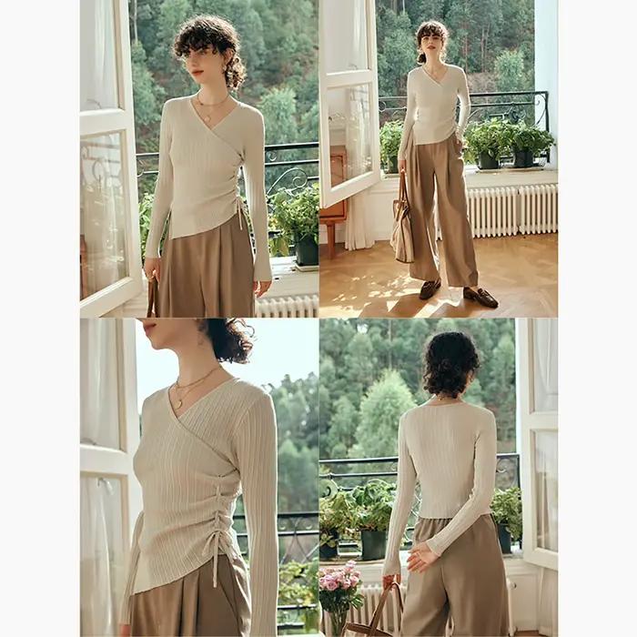 Pull tricoté à col en V et manches longues OLrain 2026 pour femme – Collection automne