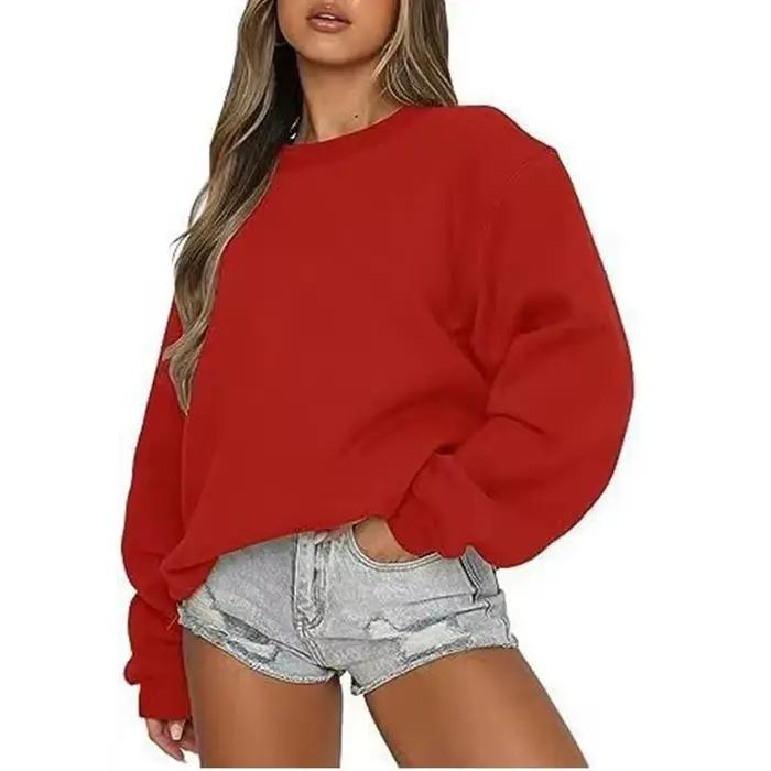 Printemps automne femmes sweat quotidien pull décontracté couleur unie vêtements de sport confort haut col en o ample à manches longues sweat-shirt