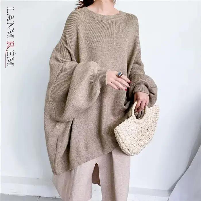 LANMREM 2025 printemps nouvelle mode couleur unie col rond pull manches chauve-souris longue tricot