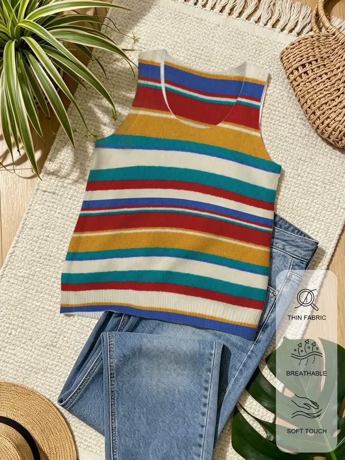 Gilet en tricot rayé color-block vintage pour femme