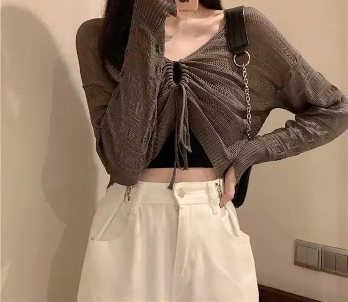 Cardigan rose réversible en tricot ajouré avec cordon de serrage pour femme