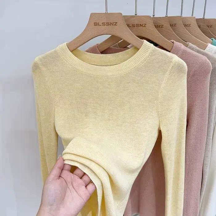 OCEANLOVE couleur bonbon mince Femme chandails solide col rond mode coréenne pulls bases printemps automne doux Pull