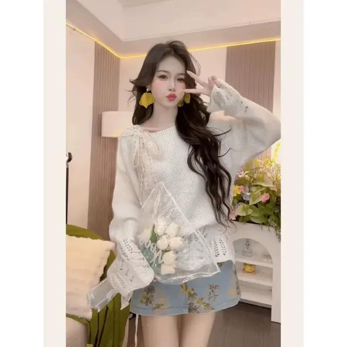 Pull à nœud papillon ajouré pour femmes