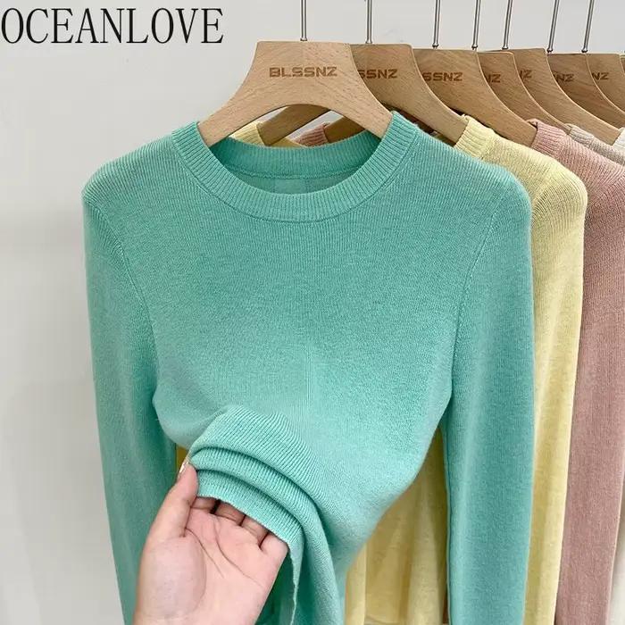 OCEANLOVE couleur bonbon mince Femme chandails solide col rond mode coréenne pulls bases printemps automne doux Pull