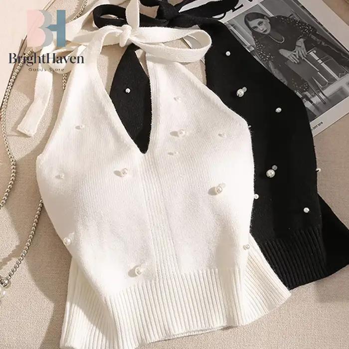 Gilet tricoté élégant à col halter et nœud dos nu
