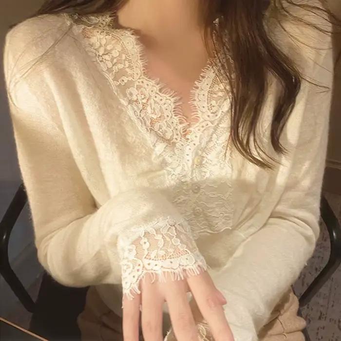 Sexy dentelle col en V pulls femmes mode Patchwork simple boutonnage Swraters femme coréenne Chic à manches longues doux sommets