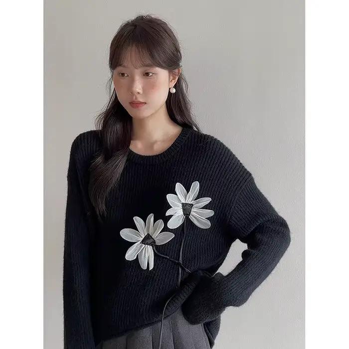 Pull rétro à fleurs tridimensionnelles pour femmes
