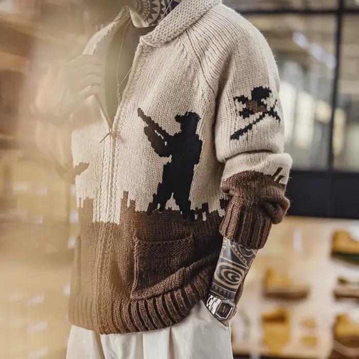 Maden hommes rétro brodé chasse Cardigan zippé pull kaki tricot veste décontracté doux chaud manteau automne hiver mâle vêtements