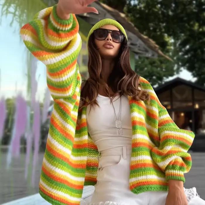 Pull rayé arc-en-ciel, haut tricoté rétro