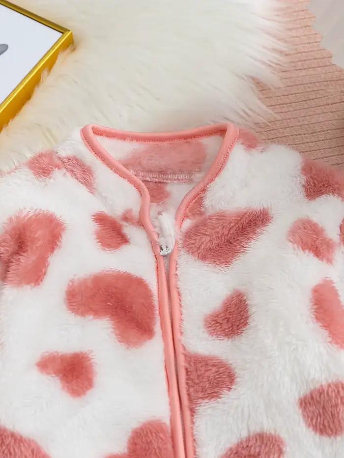 Ce cardigan chaud pour fille d'automne et d'hiver est sucré et mignon. C'est une base blanche avec des coeurs roses manteau en flanelle entièrement imprimé