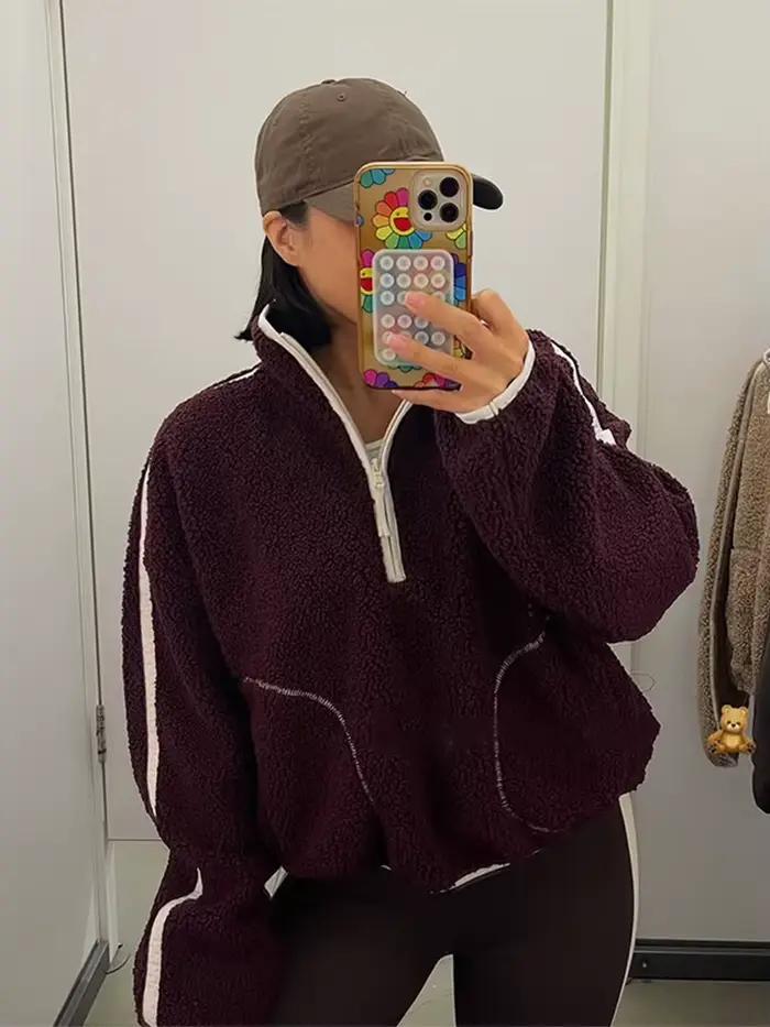 Sweat à capuche Sherpa à panneaux demi-fermeture éclair pour femmes