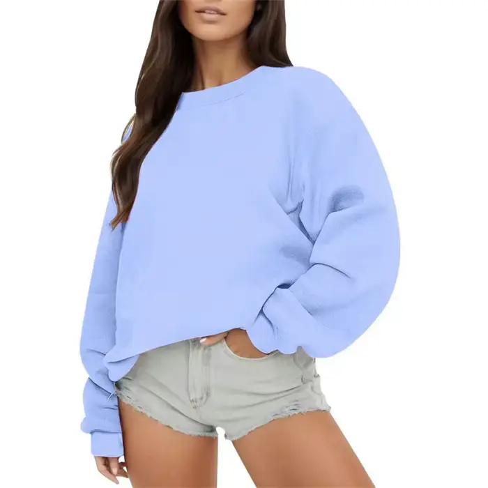 Printemps automne femmes sweat quotidien pull décontracté couleur unie vêtements de sport confort haut col en o ample à manches longues sweat-shirt