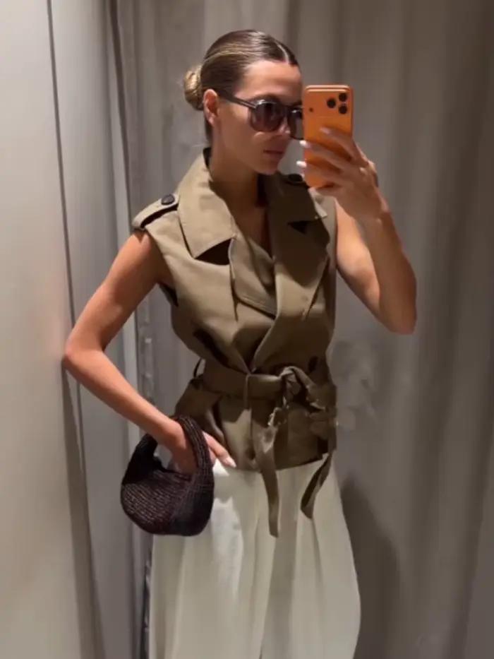 HH Femme Nouvelle Collection Été 2026 Gilet Ajusté Kaki Polyvalent Ceinturé Style Urbain Double Boutonnage Sans Manches Décontracté
