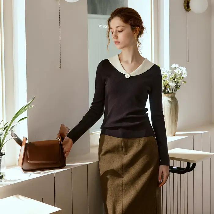 Pull tricoté à col en V et blocs de couleur OLrain pour femme