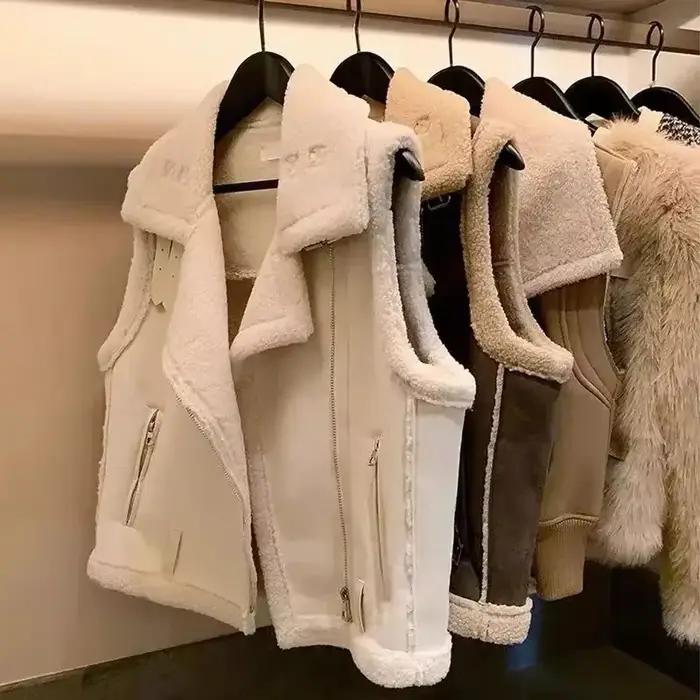 Gilet Femme Agneau Peluche Épais Coréen Élégant Pour Occasions Spéciales Automne Hiver Doux Élégant Mode